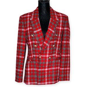 ZARA Red Tweed Plaid Blazer Jacket